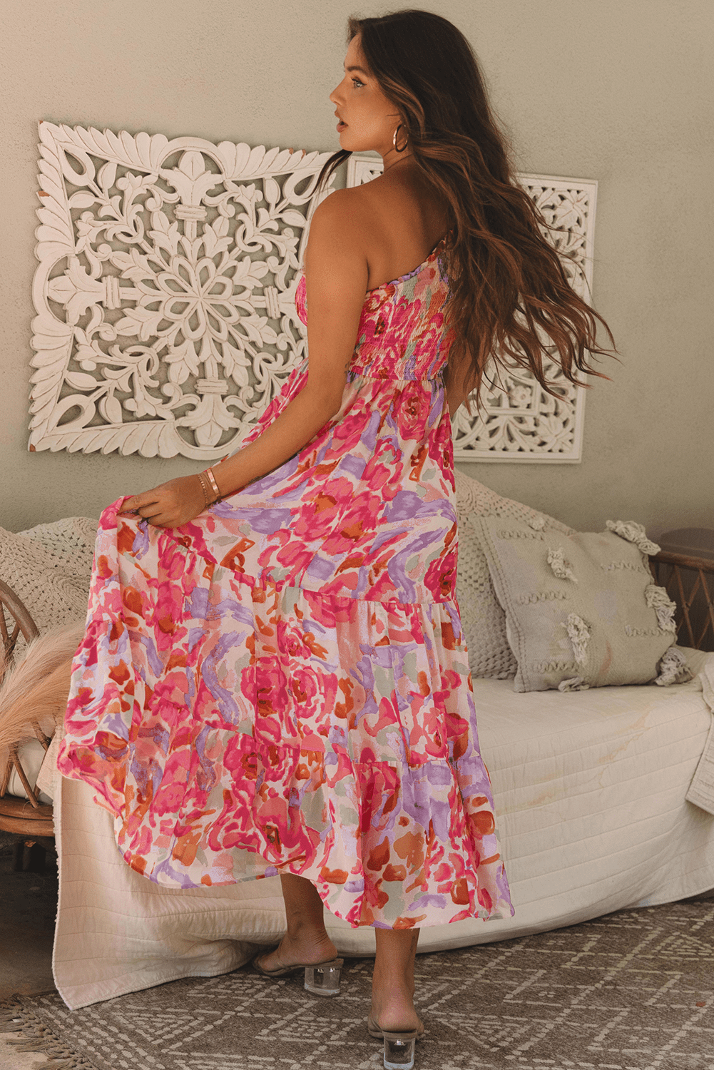 Pink Abstract Floral Print Shirred One Shoulder Maxi Dress - Crowned Energy CO.