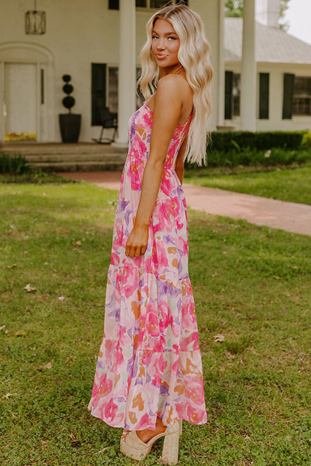 Pink Abstract Floral Print Shirred One Shoulder Maxi Dress - Crowned Energy CO.