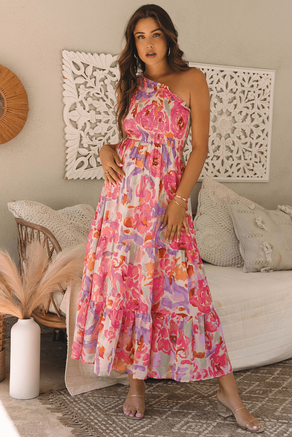 Pink Abstract Floral Print Shirred One Shoulder Maxi Dress - Crowned Energy CO.