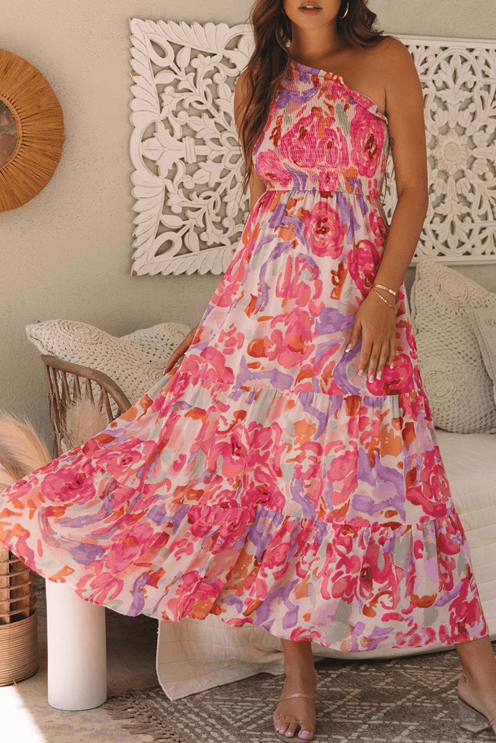 Pink Abstract Floral Print Shirred One Shoulder Maxi Dress - Crowned Energy CO.