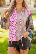 Pink Boho Mixed Floral Drop Shoulder Bubble Sleeve Blouse - Goddess Vibes