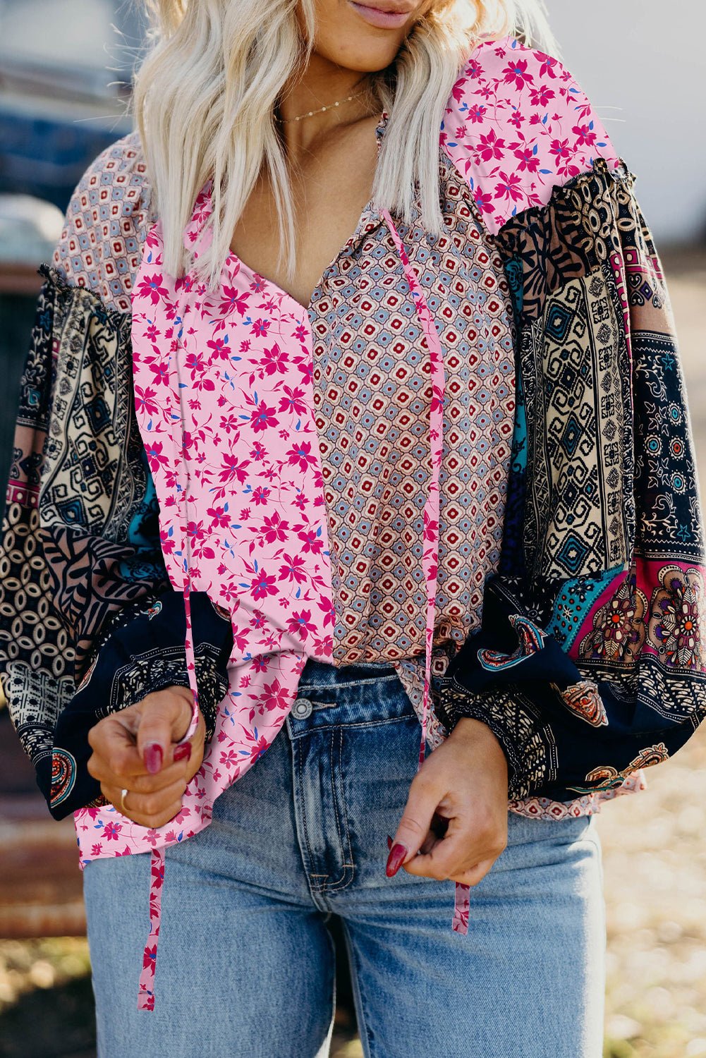 Pink Boho Mixed Floral Drop Shoulder Bubble Sleeve Blouse - Goddess Vibes