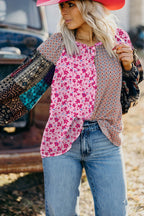 Pink Boho Mixed Floral Drop Shoulder Bubble Sleeve Blouse - Goddess Vibes