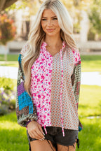 Pink Boho Mixed Floral Drop Shoulder Bubble Sleeve Blouse - Goddess Vibes