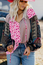 Pink Boho Mixed Floral Drop Shoulder Bubble Sleeve Blouse - Goddess Vibes