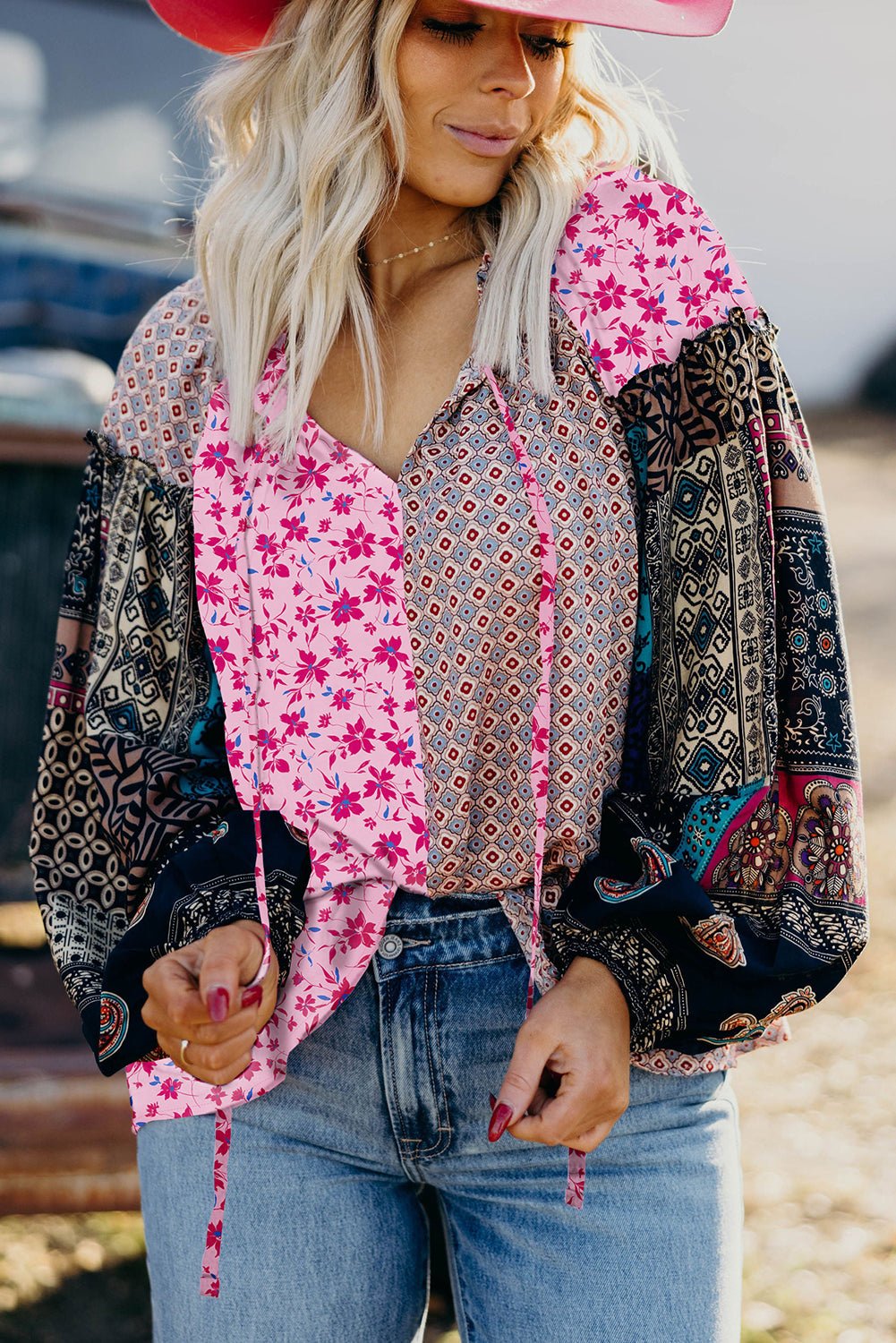 Pink Boho Mixed Floral Drop Shoulder Bubble Sleeve Blouse - Goddess Vibes