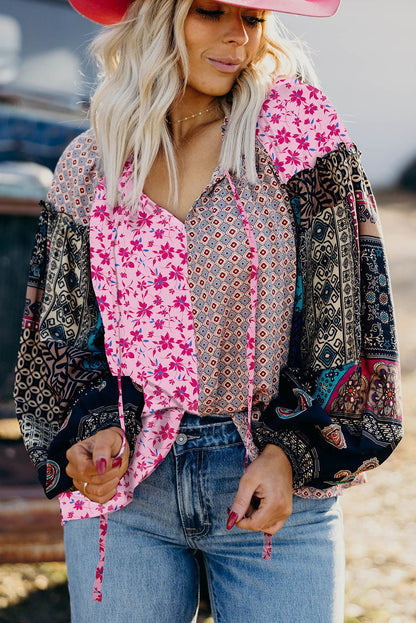 Pink Boho Mixed Floral Drop Shoulder Bubble Sleeve Blouse - Goddess Vibes