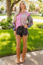 Pink Boho Mixed Floral Drop Shoulder Bubble Sleeve Blouse - Goddess Vibes