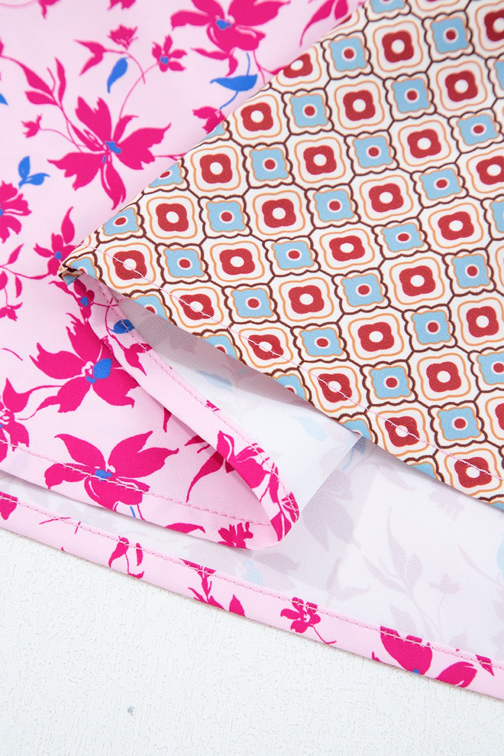 Pink Boho Mixed Floral Drop Shoulder Bubble Sleeve Blouse - Goddess Vibes