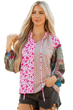Pink Boho Mixed Floral Drop Shoulder Bubble Sleeve Blouse - Goddess Vibes