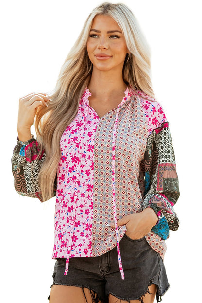 Pink Boho Mixed Floral Drop Shoulder Bubble Sleeve Blouse - Goddess Vibes