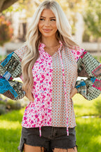 Pink Boho Mixed Floral Drop Shoulder Bubble Sleeve Blouse - Goddess Vibes