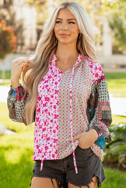 Pink Boho Mixed Floral Drop Shoulder Bubble Sleeve Blouse - Goddess Vibes