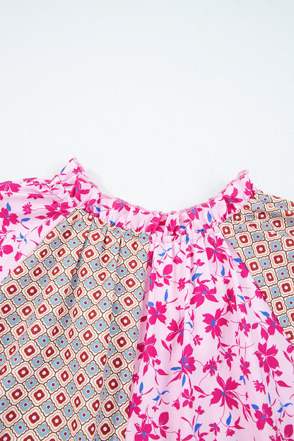 Pink Boho Mixed Floral Drop Shoulder Bubble Sleeve Blouse - Goddess Vibes