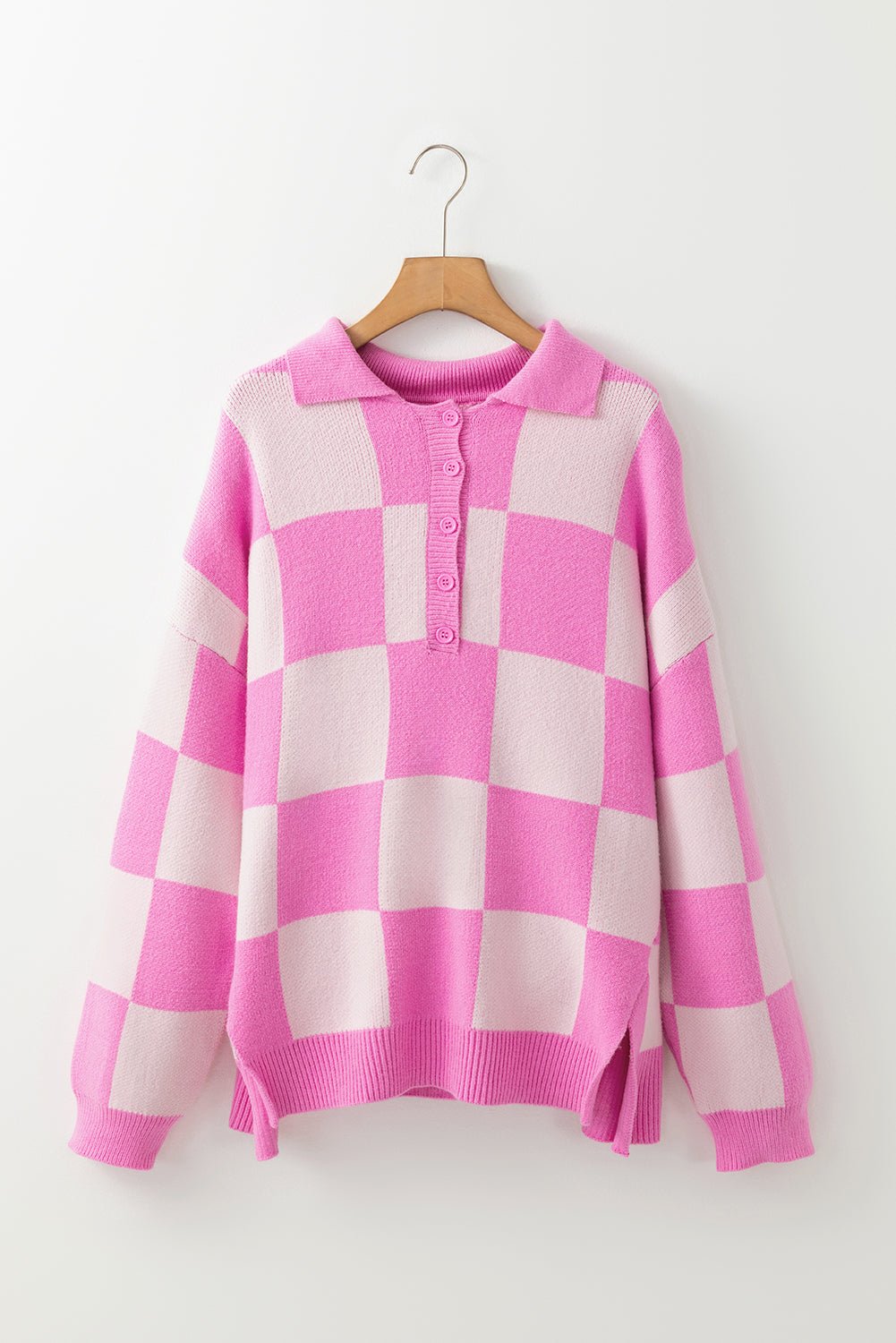 Crowned Energy CO. Pink / S / 50%Viscose+28%Polyester+22%Polyamide Dear-Lover Dropshipping Sweaters & Cardigans/Sweaters Pink Checkerboard Half Button Collared Drop Shoulder Sweater