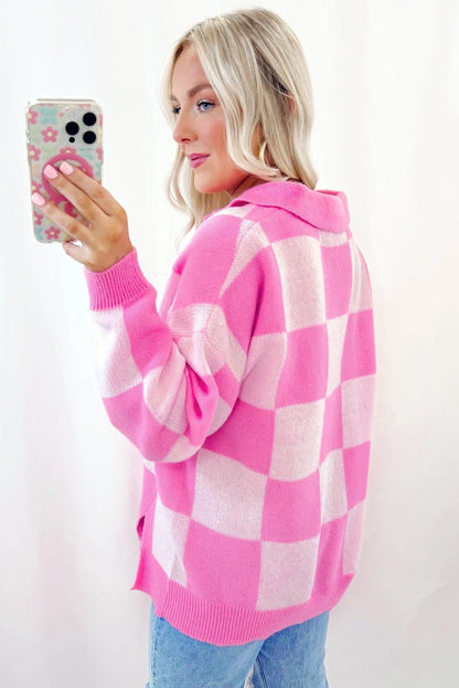 Pink Checkerboard Half Button Collared Drop Shoulder Sweater - Goddess Vibes