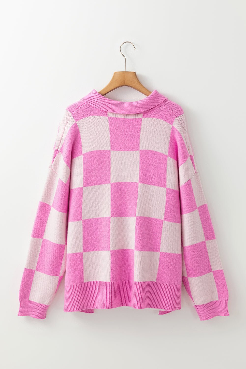 Pink Checkerboard Half Button Collared Drop Shoulder Sweater - Goddess Vibes
