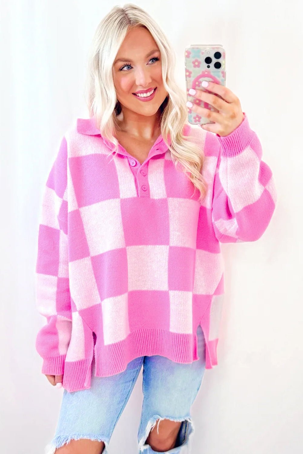 Pink Checkerboard Half Button Collared Drop Shoulder Sweater - Goddess Vibes