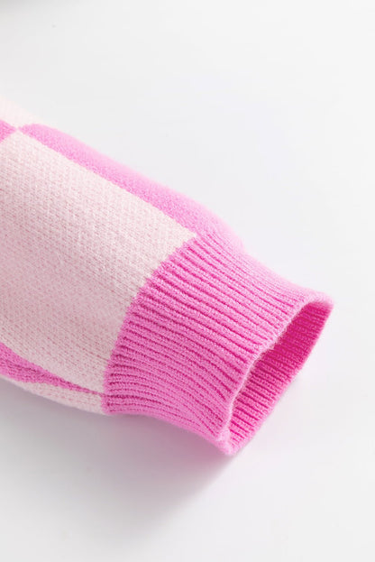 Pink Checkerboard Half Button Collared Drop Shoulder Sweater - Goddess Vibes