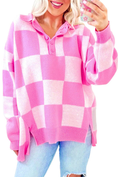 Pink Checkerboard Half Button Collared Drop Shoulder Sweater - Goddess Vibes