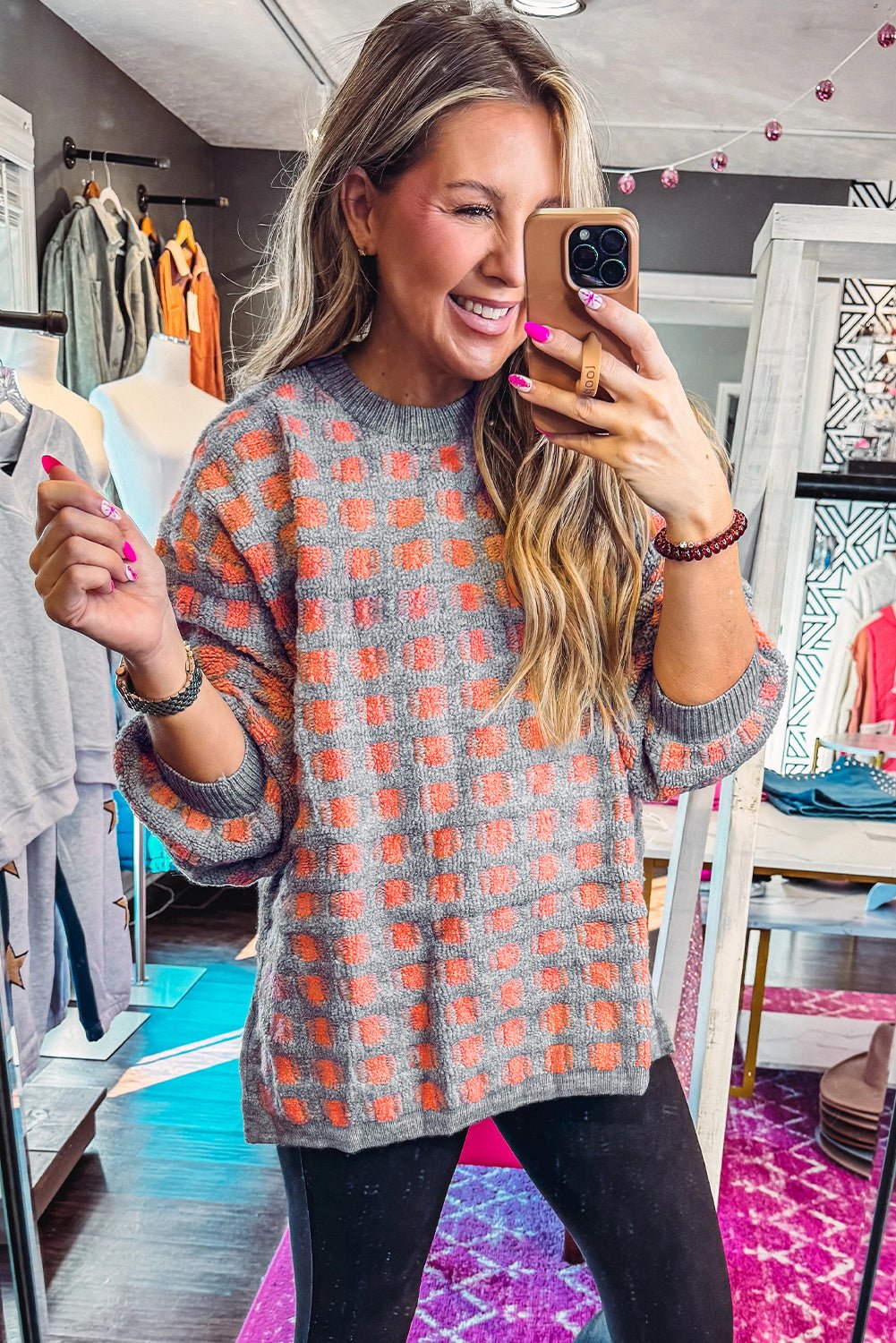Pink Checkered Oversized Side Slit Sweater - Crowned Energy CO.