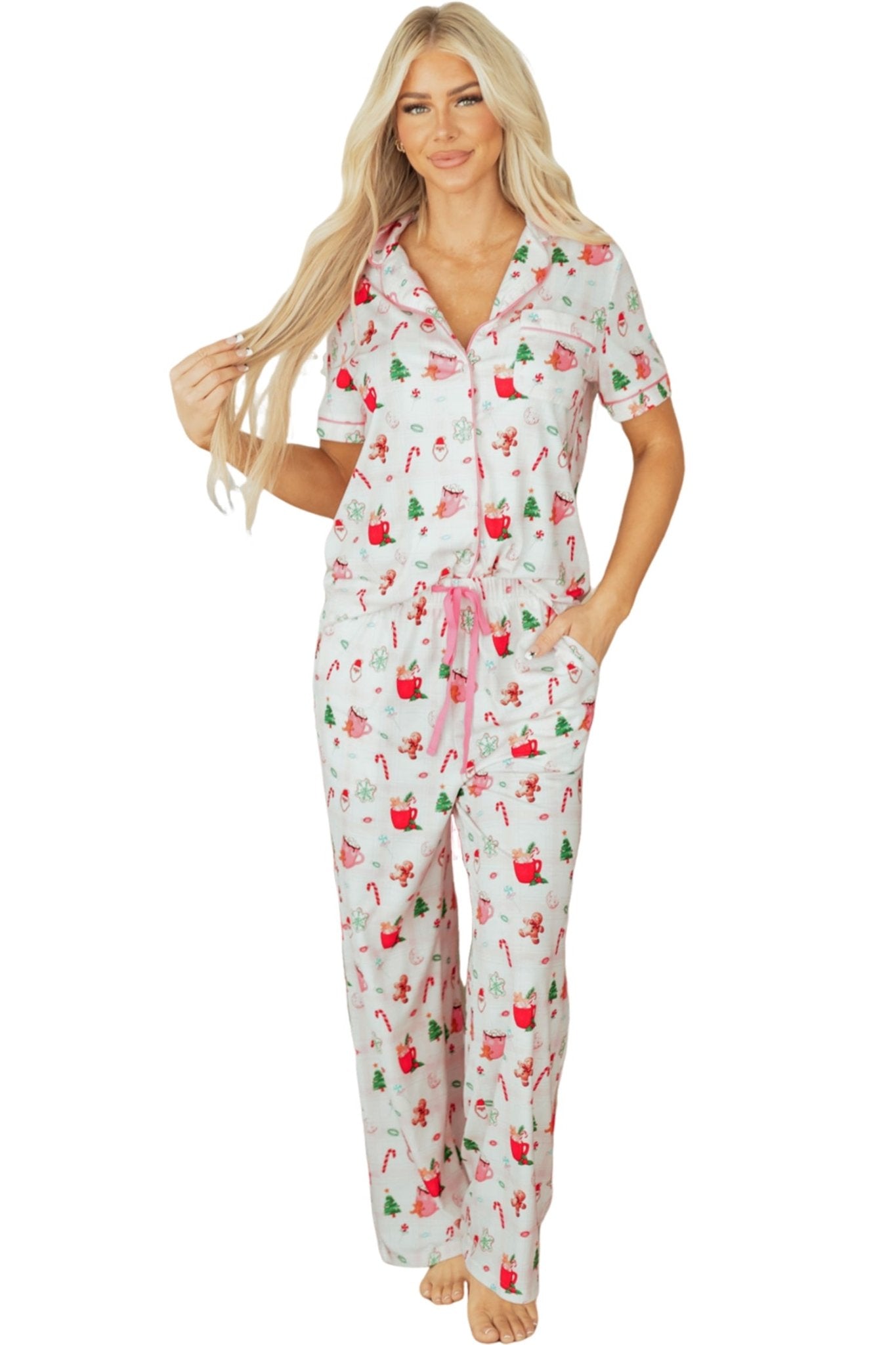 Pink Christmas Spirit Cute Holiday Print Short Sleeve Shirt and Pants 2pcs Pajama Set - Crowned Energy CO.