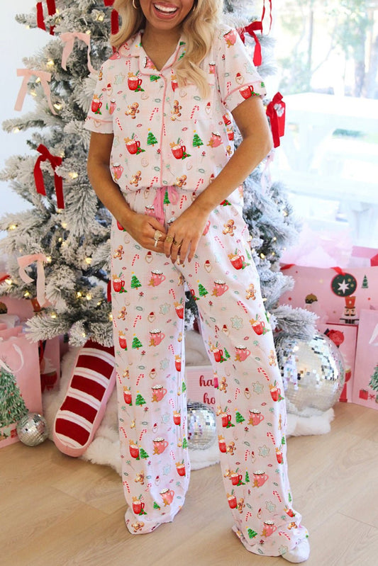 Pink Christmas Spirit Cute Holiday Print Short Sleeve Shirt and Pants 2pcs Pajama Set - Goddess Vibes