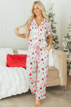 Pink Christmas Spirit Cute Holiday Print Short Sleeve Shirt and Pants 2pcs Pajama Set - Crowned Energy CO.