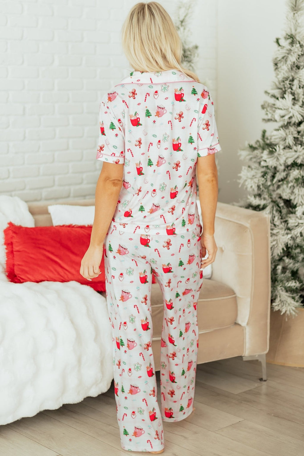 Pink Christmas Spirit Cute Holiday Print Short Sleeve Shirt and Pants 2pcs Pajama Set - Crowned Energy CO.