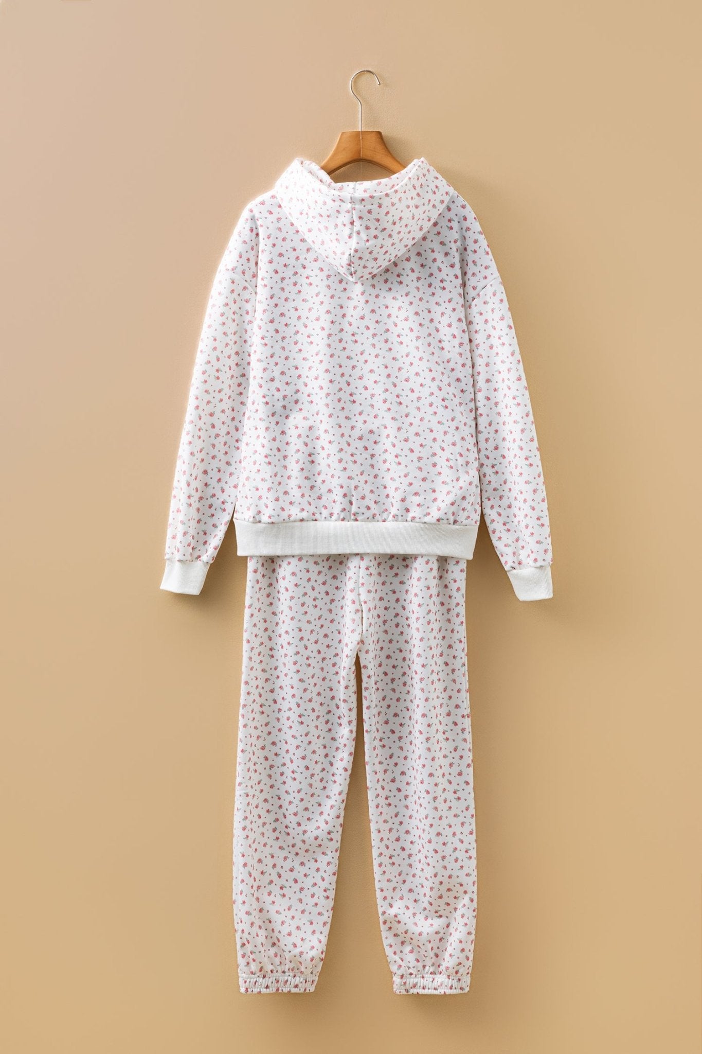 Pink Floral Print Kangaroo Pocket Hoodie Sheath Sweatpants Set - Crowned Energy CO.