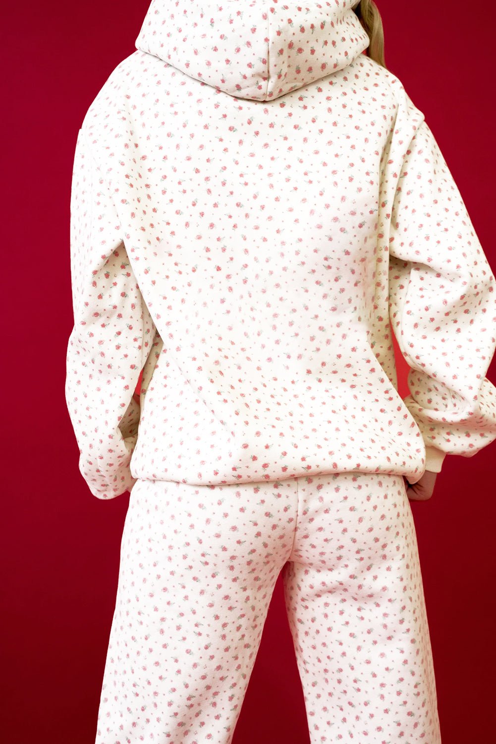 Pink Floral Print Kangaroo Pocket Hoodie Sheath Sweatpants Set - Crowned Energy CO.