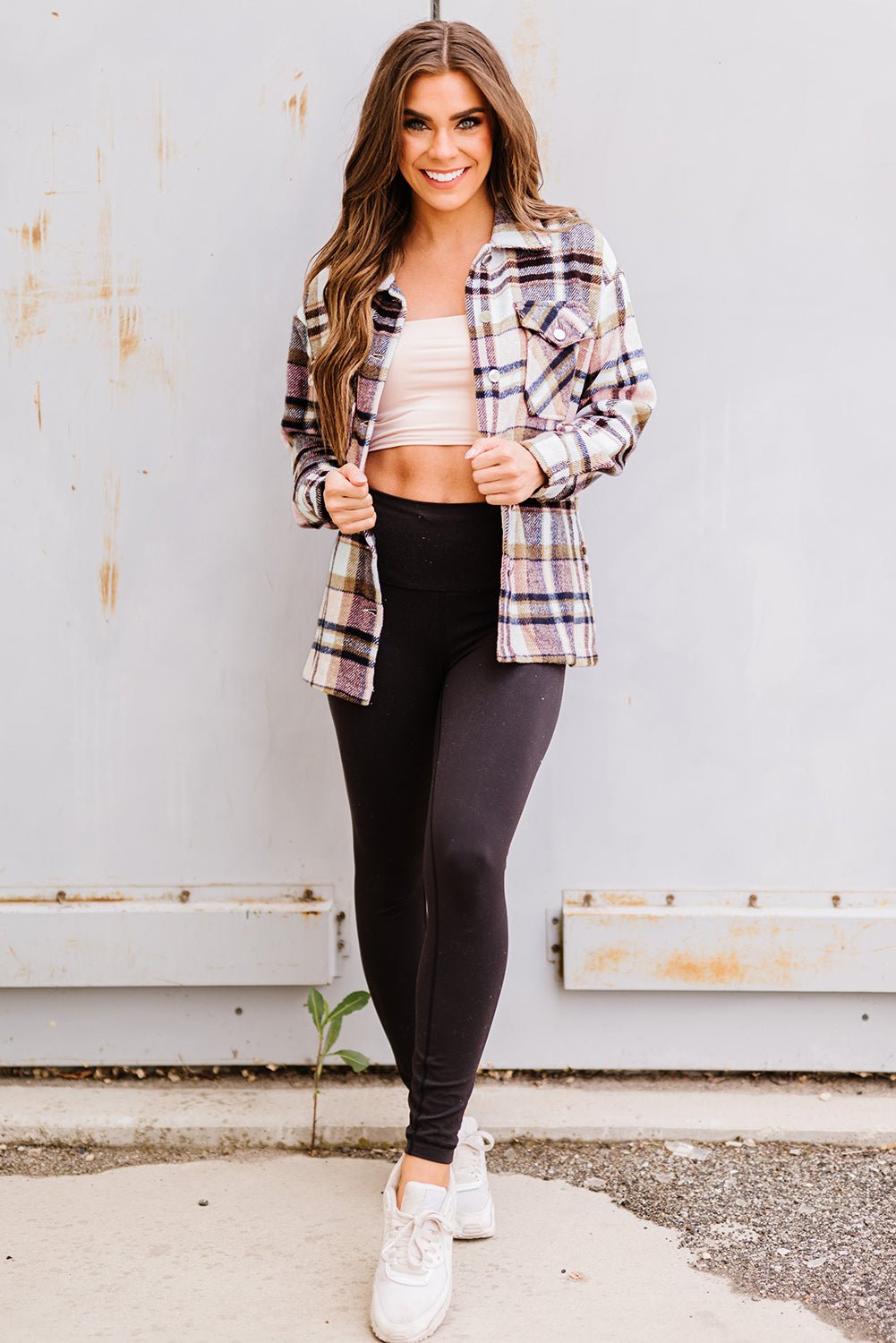 Pink Geometric Plaid Print Pocketed Shacket - Crowned Energy CO.