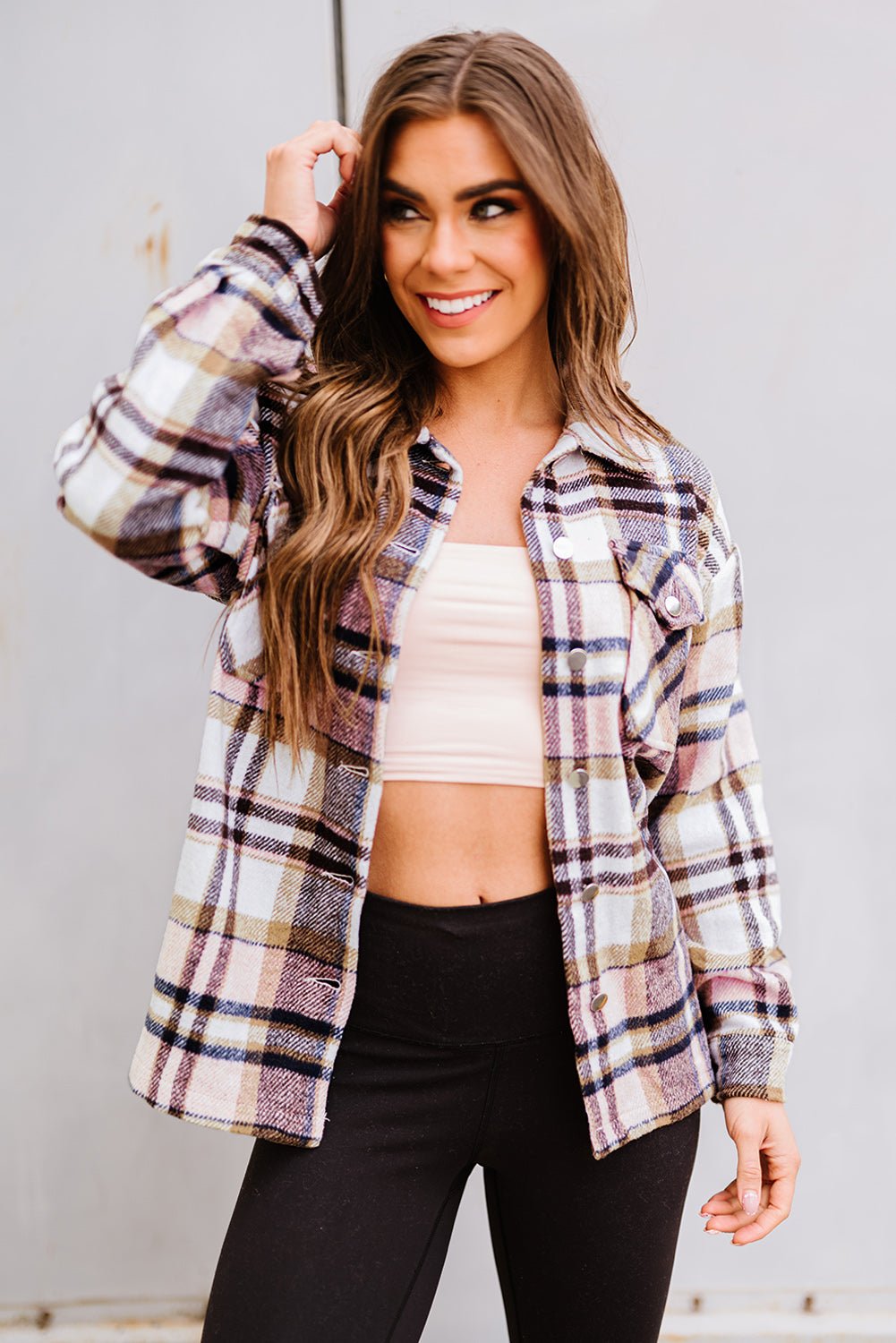 Pink Geometric Plaid Print Pocketed Shacket - Crowned Energy CO.