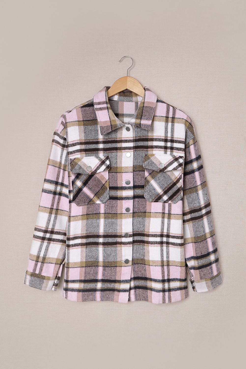 Pink Geometric Plaid Print Pocketed Shacket - Crowned Energy CO.