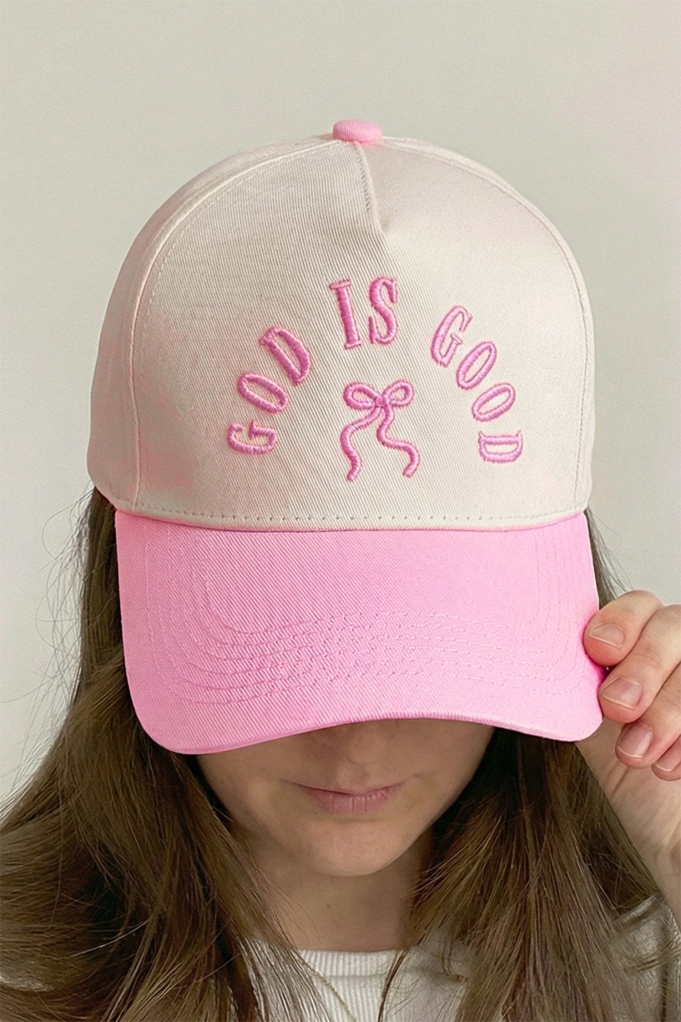 Pink GOD IS GOOD Embroidered Bow Color Block Baseball Cap - Crowned Energy CO.