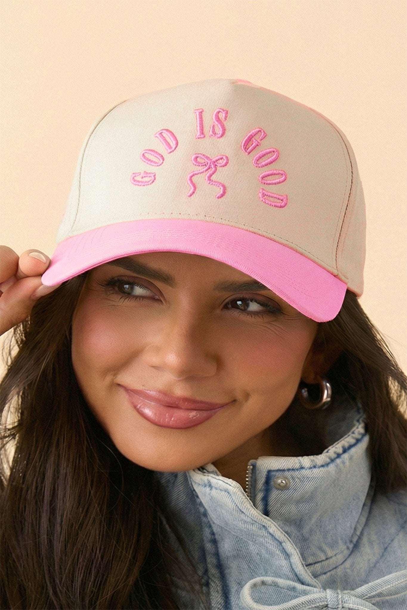 Pink GOD IS GOOD Embroidered Bow Color Block Baseball Cap - Crowned Energy CO.