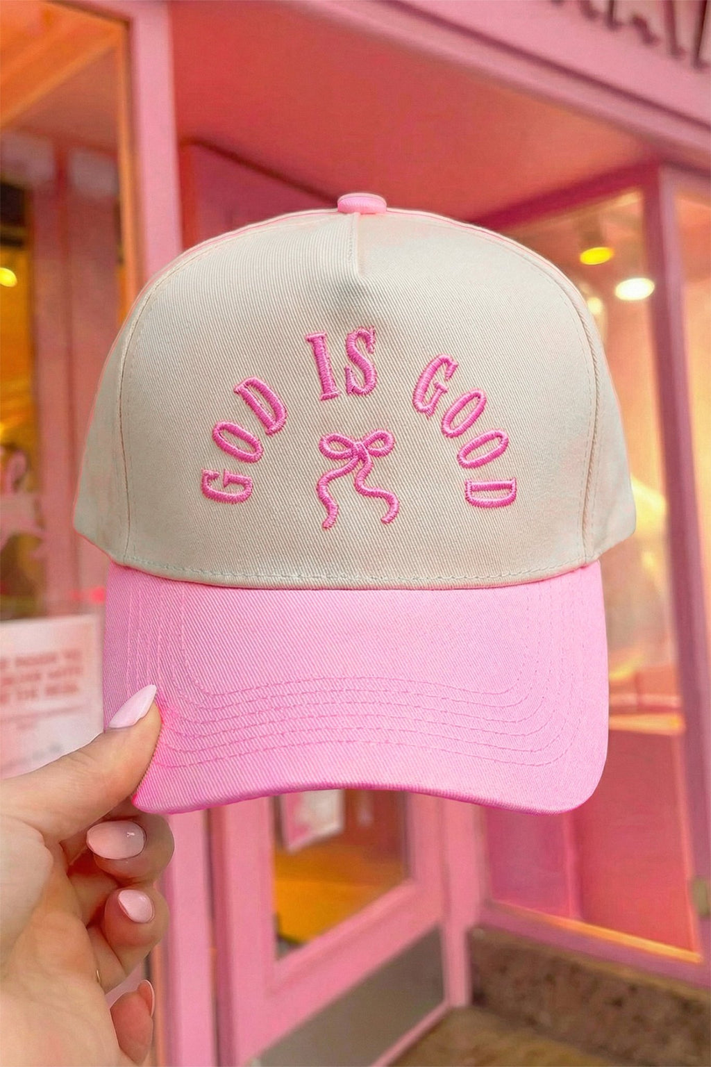 Pink GOD IS GOOD Embroidered Bow Color Block Baseball Cap - Crowned Energy CO.