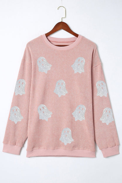 Pink Halloween Ghost Corded Crew Neck Loose Sweatshirt - Goddess Vibes