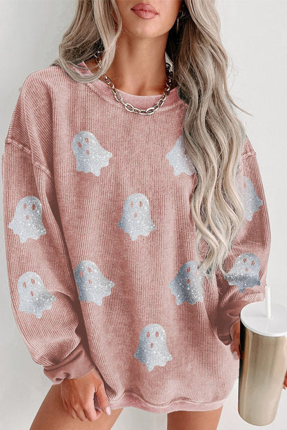 Pink Halloween Ghost Corded Crew Neck Loose Sweatshirt - Goddess Vibes