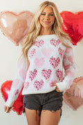 Pink Heart Leopard Print Pearled Ribbed Trim Fuzzy Sweater - Crowned Energy CO.