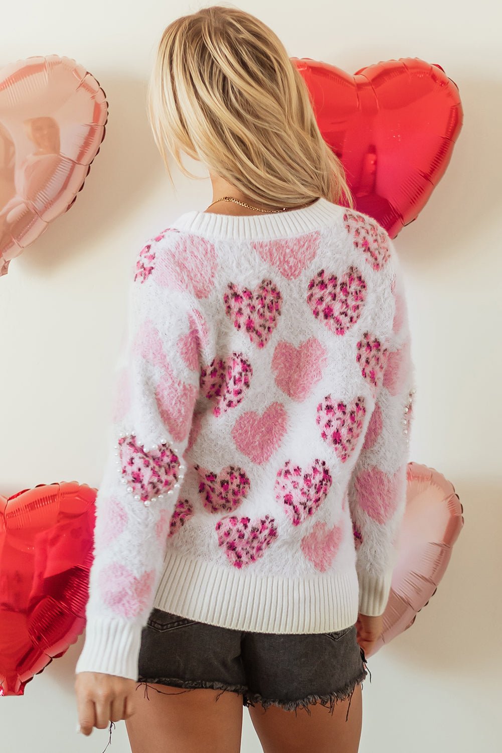 Pink Heart Leopard Print Pearled Ribbed Trim Fuzzy Sweater - Crowned Energy CO.