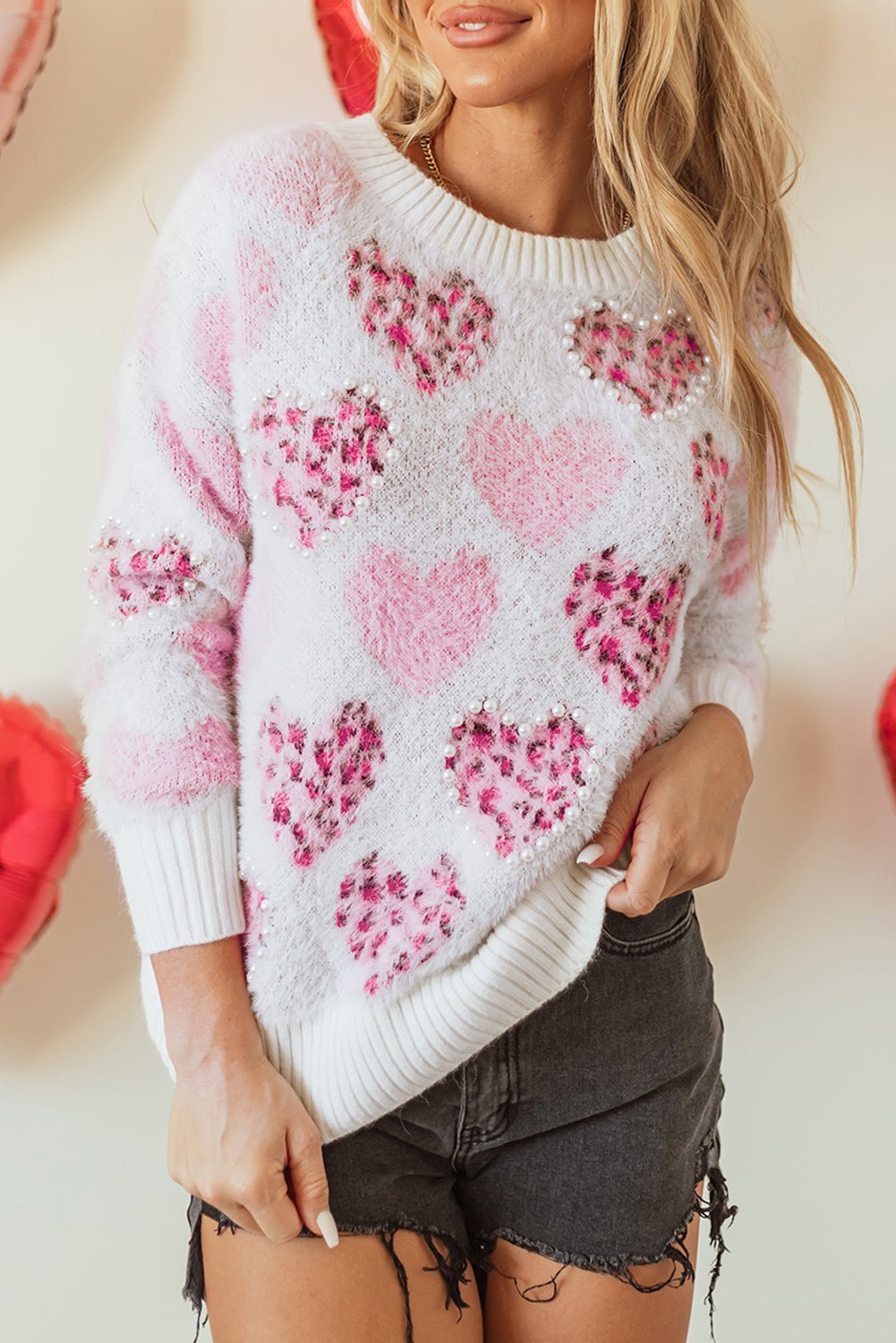 Pink Heart Leopard Print Pearled Ribbed Trim Fuzzy Sweater - Crowned Energy CO.