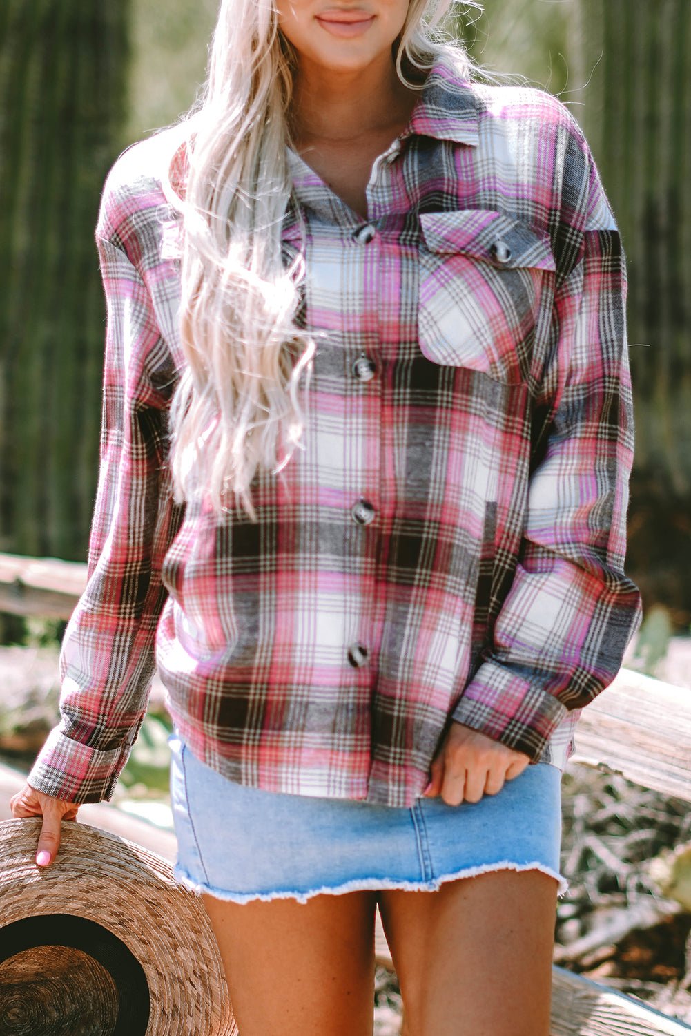 Pink Plaid Flap Pocket Button Up Shacket - Crowned Energy CO.