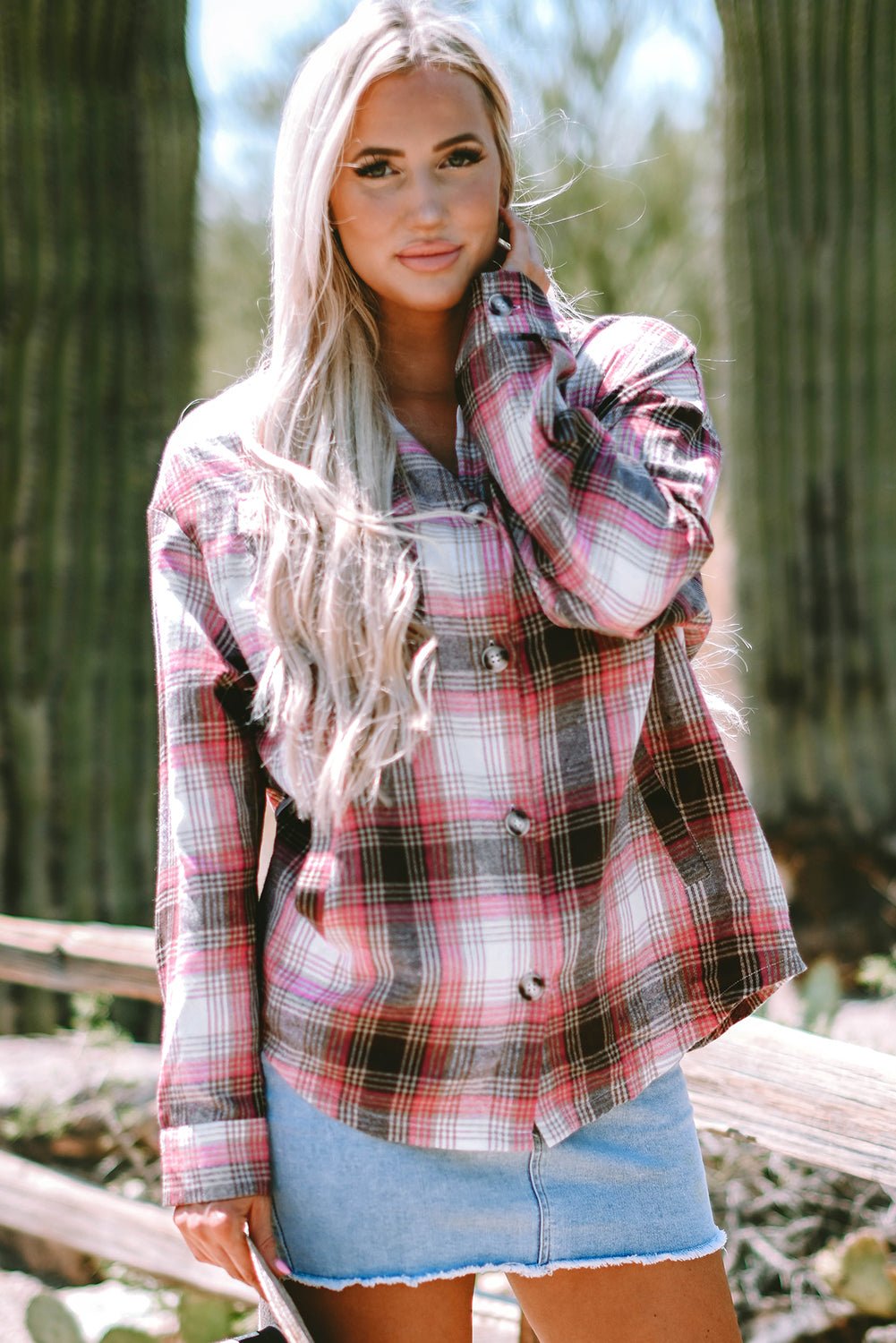 Pink Plaid Flap Pocket Button Up Shacket - Crowned Energy CO.
