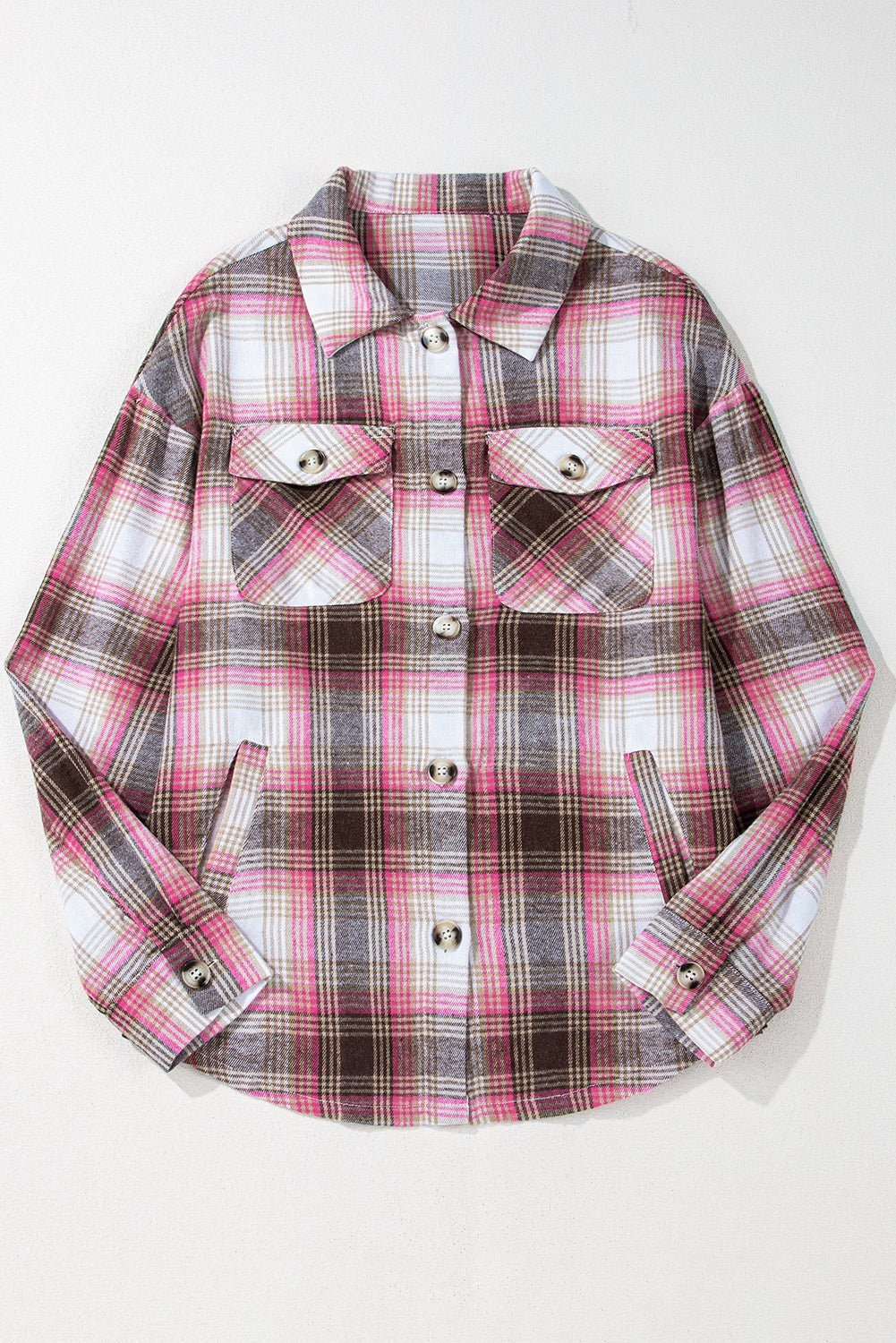Pink Plaid Flap Pocket Button Up Shacket - Crowned Energy CO.
