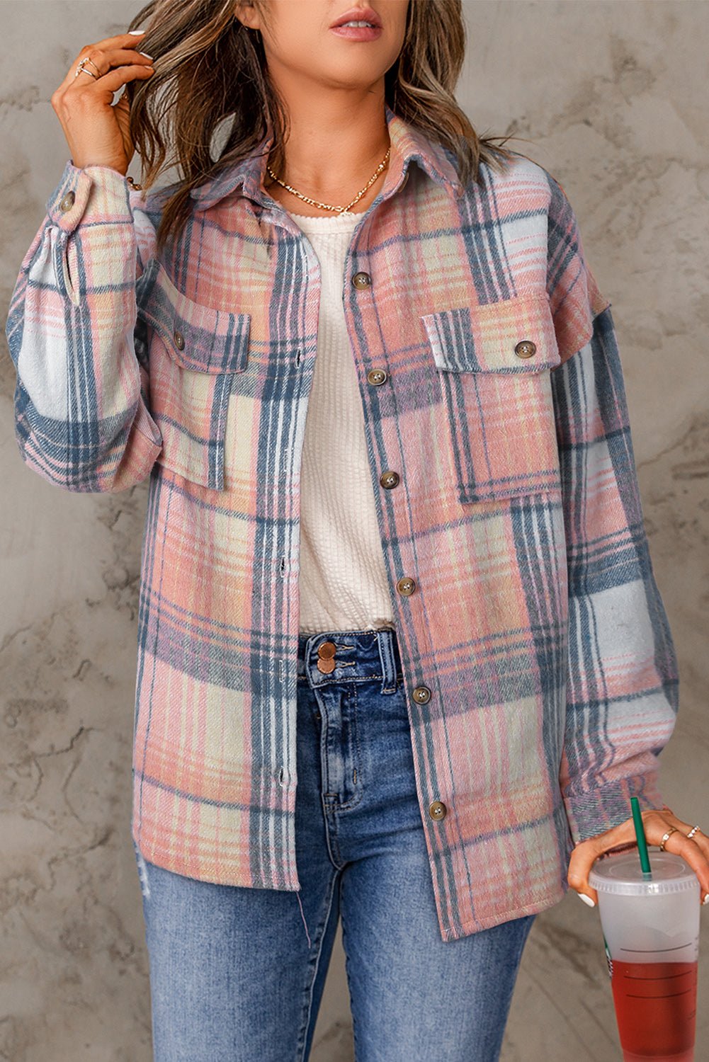 Pink Plaid Flap Pockets Shacket - Goddess Vibes