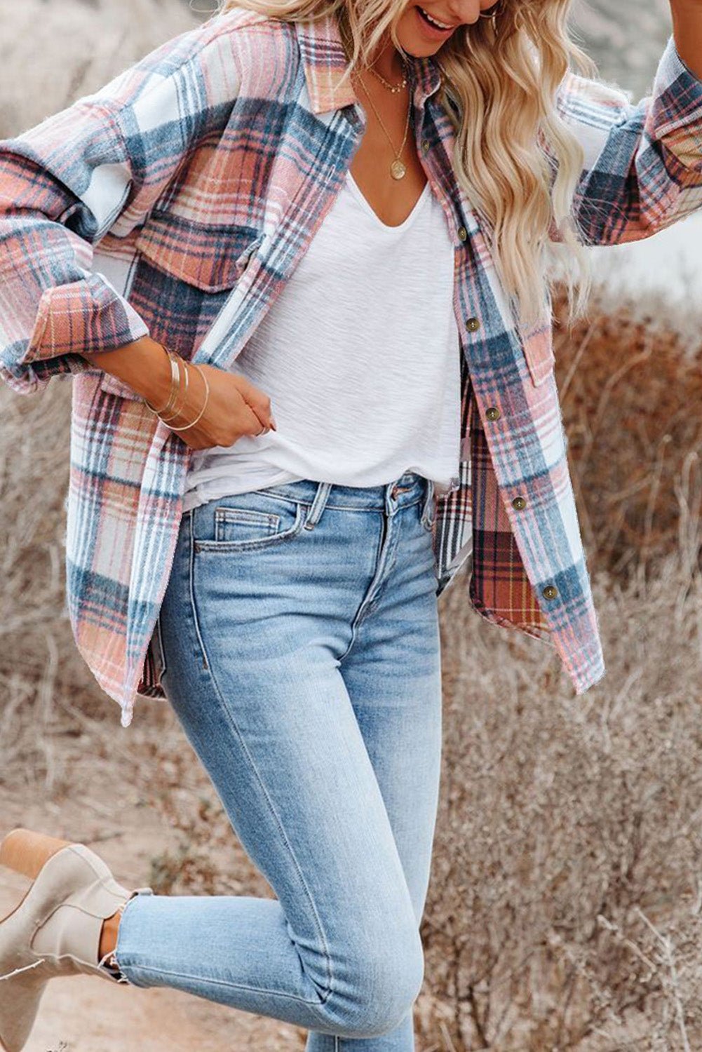 Pink Plaid Flap Pockets Shacket - Goddess Vibes