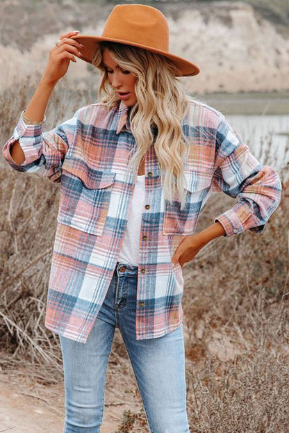 Pink Plaid Flap Pockets Shacket - Goddess Vibes