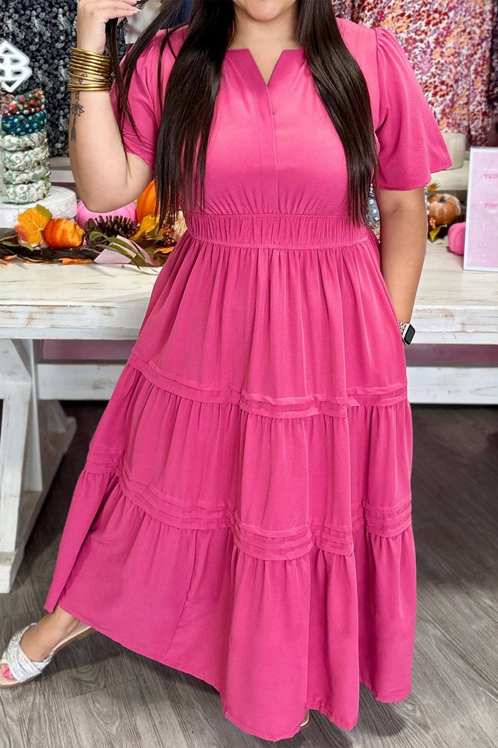 Pink Plus Size Split Neck Short Sleeve Flare Tiered Maxi Dress - Crowned Energy CO.