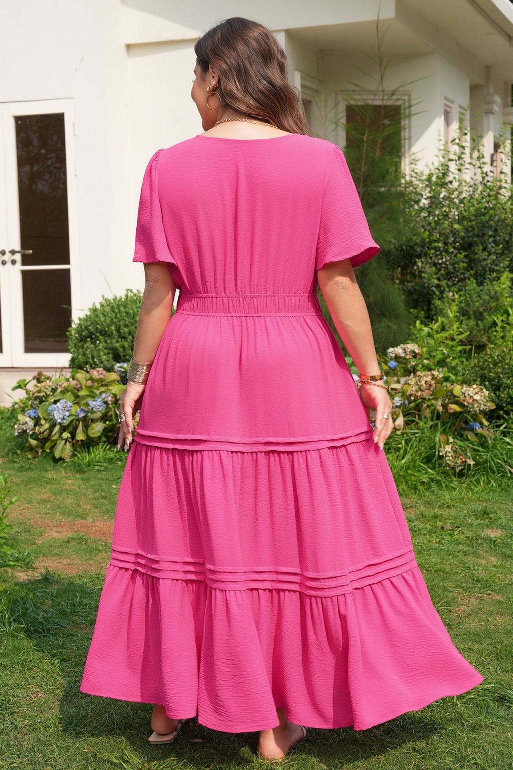 Pink Plus Size Split Neck Short Sleeve Flare Tiered Maxi Dress - Crowned Energy CO.